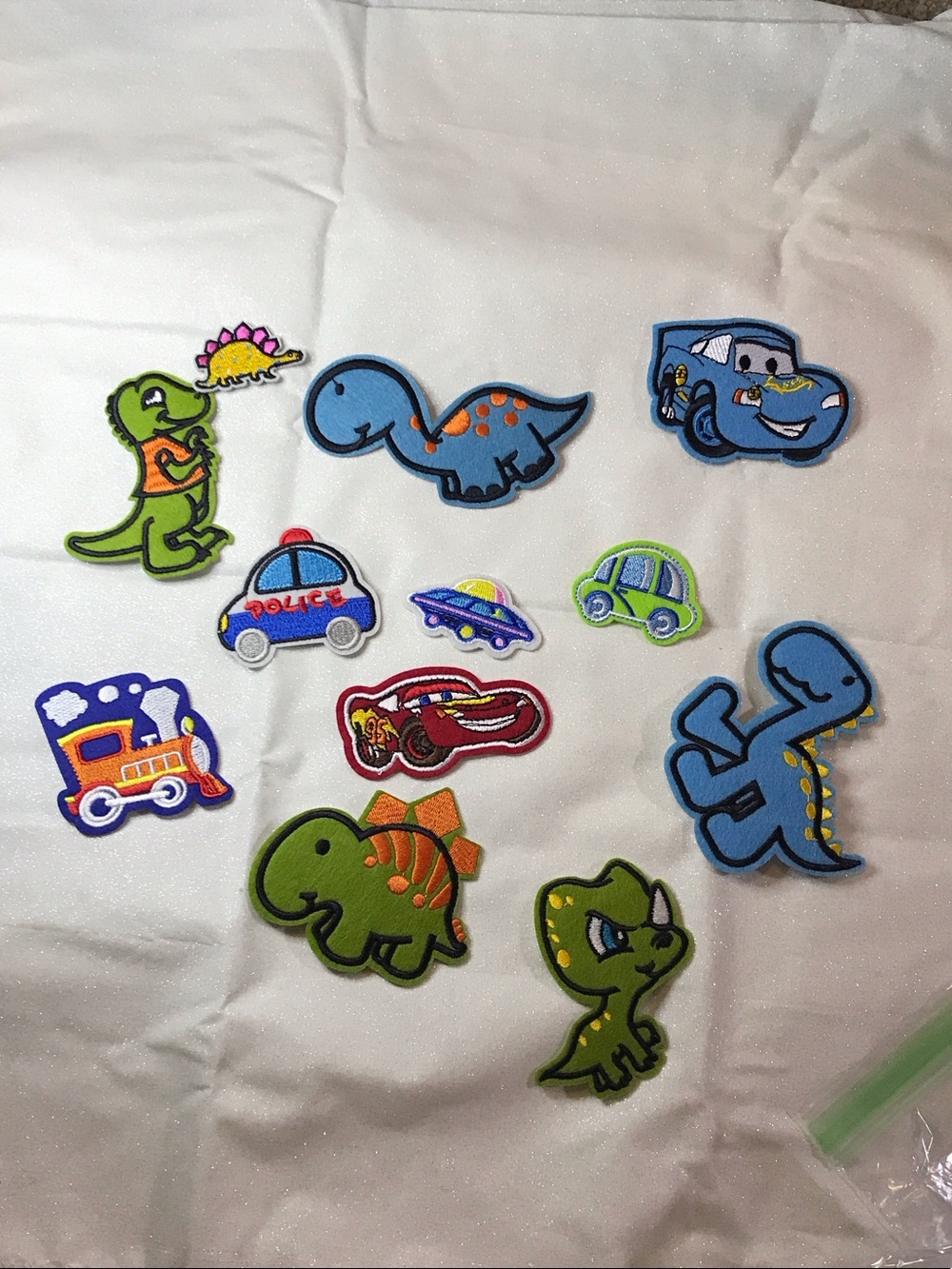 8-Blue and Green Dinosaur & Vehicle Fabric Patch Set - Boys Iron on Patches